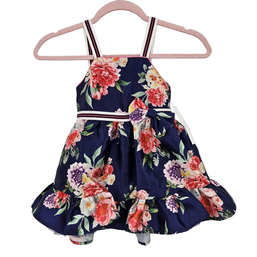 Tahari Girl Dress Girl 3T Blue Floral Satin Fit‎ & Flare Party Wedding Formal